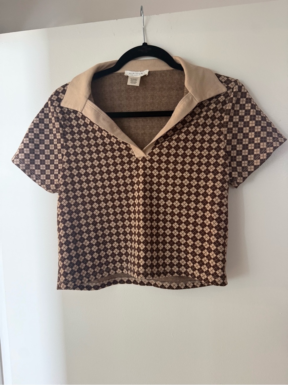 Checked Knit Polo Top in Brown & Cream